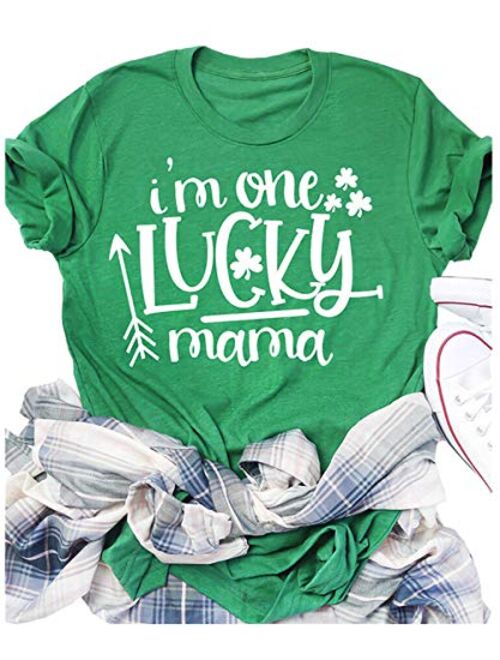 Beopjesk Womens St Patrick's Day Clover T-Shirt Blessed and Lucky Graphic Tees I'm One Lucky Mama Tops