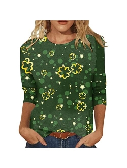 ZEFOTIM St Patricks Day Shirt Women 3/4 Sleeve Irish Shamrock Graphic Tees Funny Lucky Tshirts Floral Ruffle Blouse