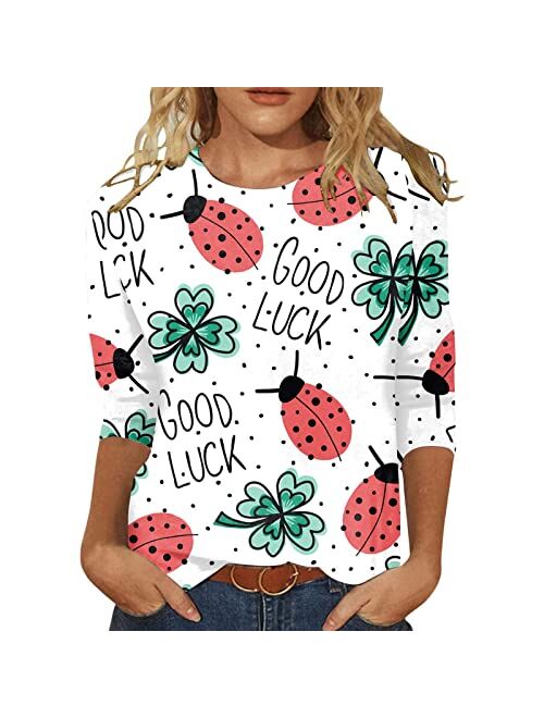 ZEFOTIM St Patricks Day Shirt Women 3/4 Sleeve Irish Shamrock Graphic Tees Funny Lucky Tshirts Floral Ruffle Blouse