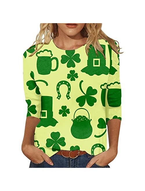 ZEFOTIM St Patricks Day Shirt Women 3/4 Sleeve Irish Shamrock Graphic Tees Funny Lucky Tshirts Floral Ruffle Blouse