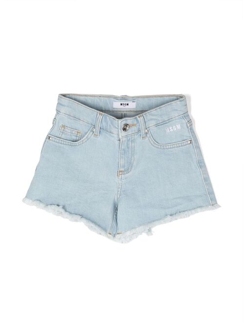 MSGM Kids logo-patch frayed denim shorts