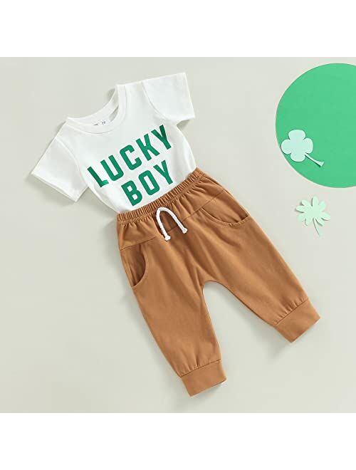 Cevoerf Toddler Baby Boy St Patricks Day Outfit Mr Lucky Charm Clover Short Sleeve T-Shirts Green Pants Summer Clothes