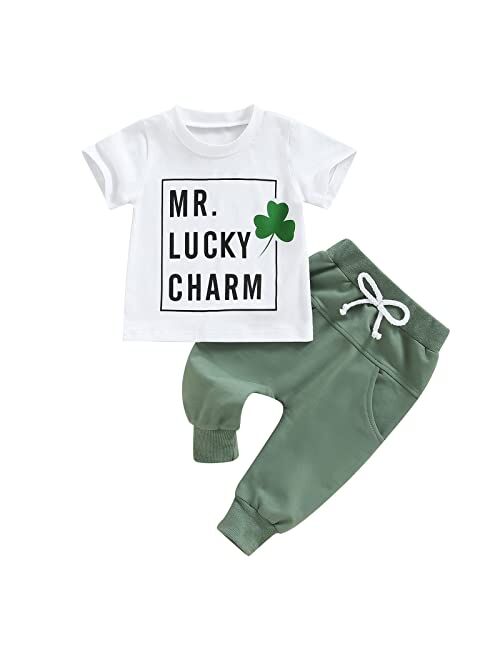 Cevoerf Toddler Baby Boy St Patricks Day Outfit Mr Lucky Charm Clover Short Sleeve T-Shirts Green Pants Summer Clothes