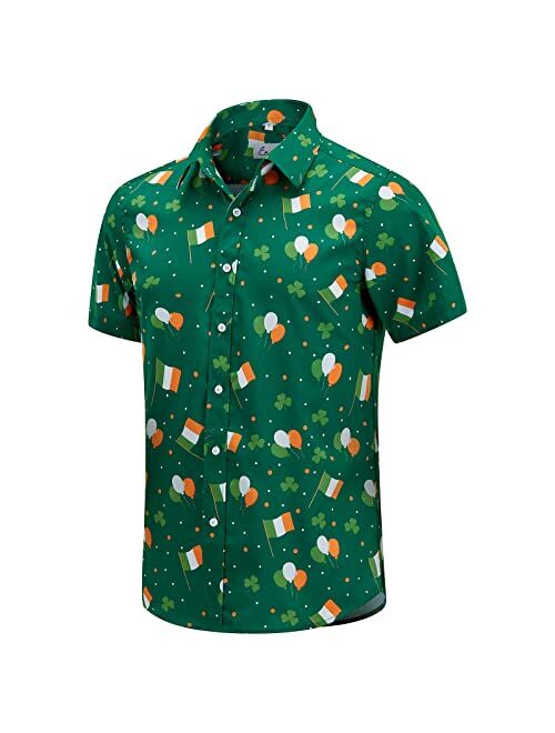 EUOW St. Patrick's Day Hawaiian Shirt for Men Irish Printed Casual Short Sleeve Button Down Beach Shirts