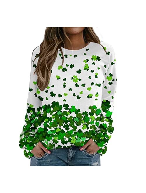 Wicvik St Patricks Day Shirt, Women's Four Leaf Clover Shirt Tops Long Sleeve Casual Shamrock T-Shirts Plus Size Loose Jumper