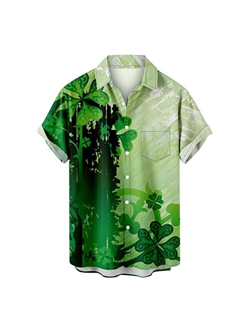 Generic St Patricks Day Shirt Men Button Down Short Sleeve Shirt Funny Irish Flag Clover Shirt Cute Gnomes Shamrock Vintage Shirt