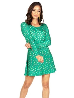 Women's Allover Print Dresses for St. Patricks Day - Clover and Charms Long Sleeve Dress for St. Paddy's