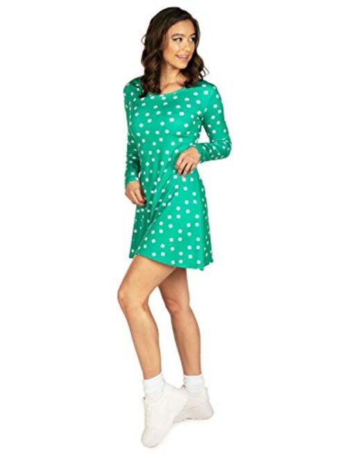 Tipsy Elves Women's Allover Print Dresses for St. Patricks Day - Clover and Charms Long Sleeve Dress for St. Paddy's