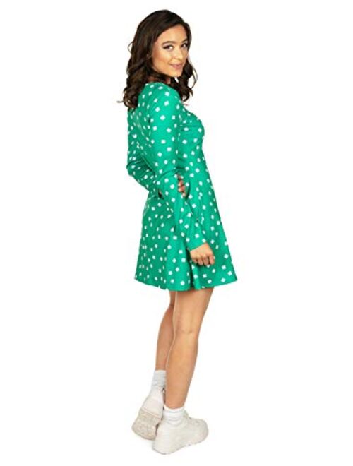 Tipsy Elves Women's Allover Print Dresses for St. Patricks Day - Clover and Charms Long Sleeve Dress for St. Paddy's