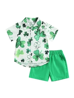 Youweixiong Toddler Baby Boy St. Patrick's Day Outfits Clover Short Sleeve Button Down Shirt Top Solid Shorts Set Summer Clothes 2Pcs