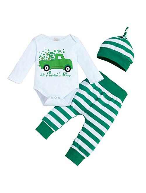 ZOELNIC My 1st St.Patrick's Day Outfits Baby Boys Girls Letter Print Romper+Striped Pants+Hat+Headband 4Pcs Unisex Clothes