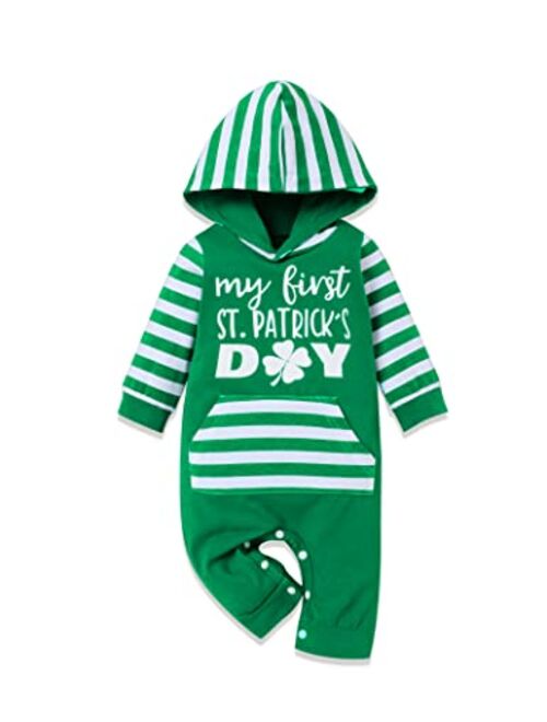 WALSONER My First St Patrick's Outfit Baby Boy Stripe Hooded Romper Bodysuit St.Patrick's Day Clothes