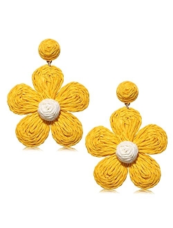 Vogueknock Rattan Earrings for Women Statement Boho Raffia Straw Wrapped Flower Drop Dangle Earrings Summer Tropical Beach Jewelry