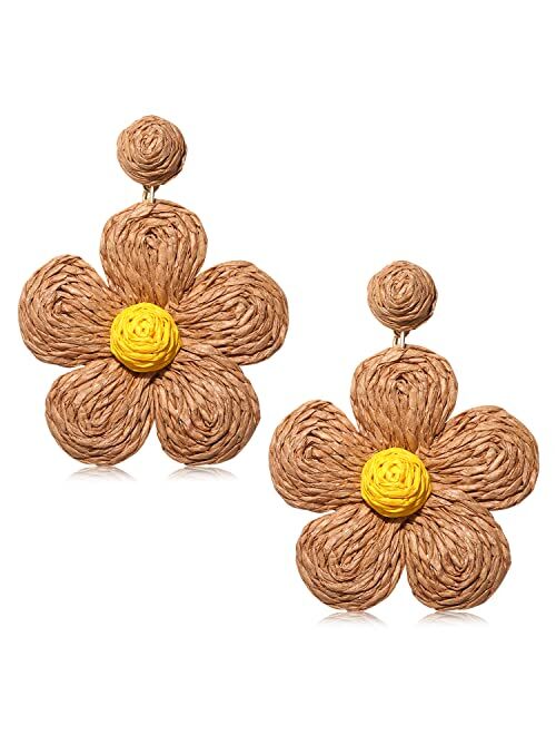 Vogueknock Rattan Earrings for Women Statement Boho Raffia Straw Wrapped Flower Drop Dangle Earrings Summer Tropical Beach Jewelry