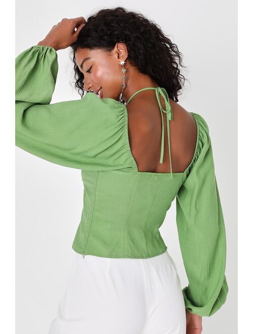 Lulus Effortless Cutie Green Halter Neck Long Sleeve Crop Top