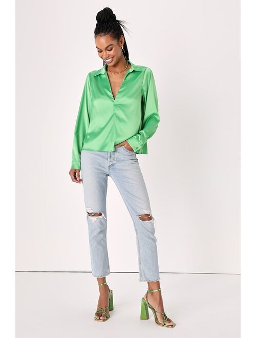 Lulus Sincerely Chic Lime Green Satin Collared Long Sleeve Top