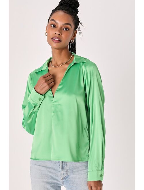 Lulus Sincerely Chic Lime Green Satin Collared Long Sleeve Top