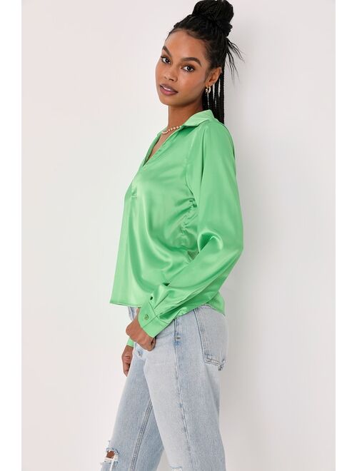 Lulus Sincerely Chic Lime Green Satin Collared Long Sleeve Top