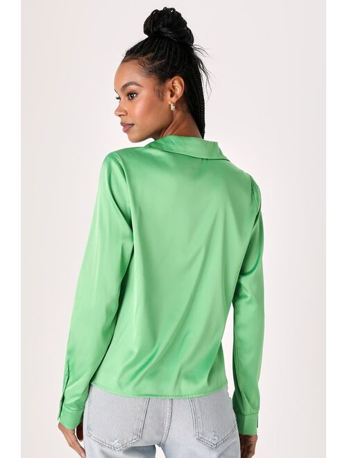 Lulus Sincerely Chic Lime Green Satin Collared Long Sleeve Top