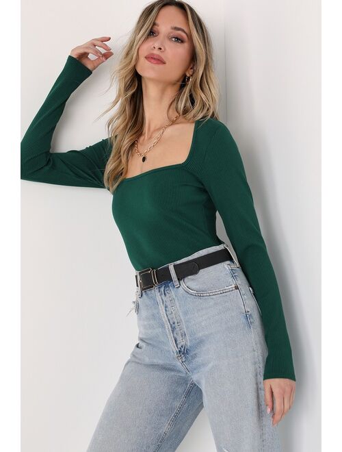 Lulus Feels Like Fate Green Ribbed Long Sleeve Square Neck Bodysuit