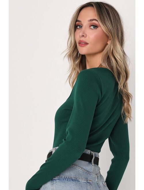 Lulus Feels Like Fate Green Ribbed Long Sleeve Square Neck Bodysuit