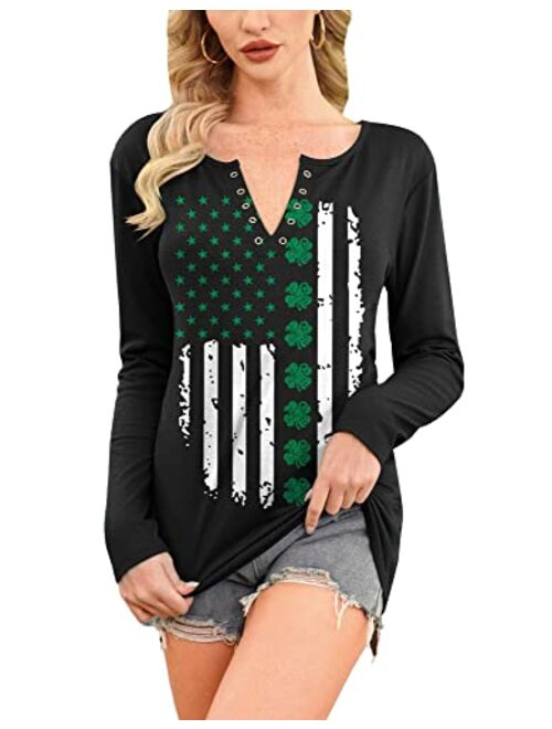 For G and PL Womens St. Patrick's Long Sleeve Sweatshirt Irish Print Sexy V-Neck Clover Shamrock Shirt