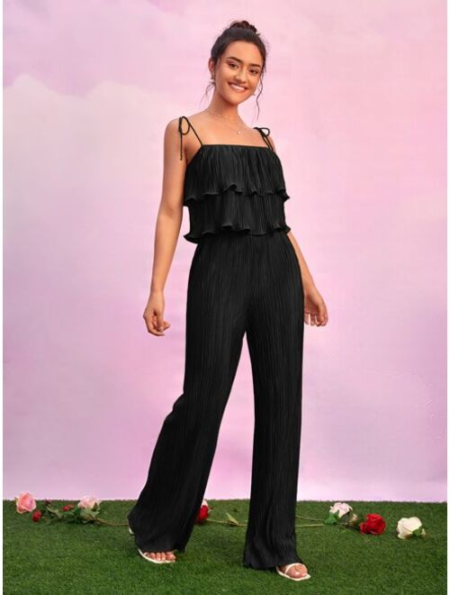 SHEIN Unity Ruffle Trim Plisse Cami Top & Flare Leg Pants Set