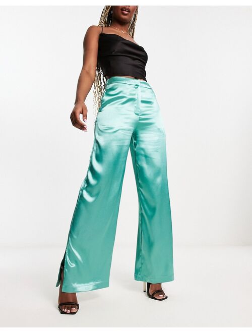 Vila satin tailored wide leg pants in green - part of a set