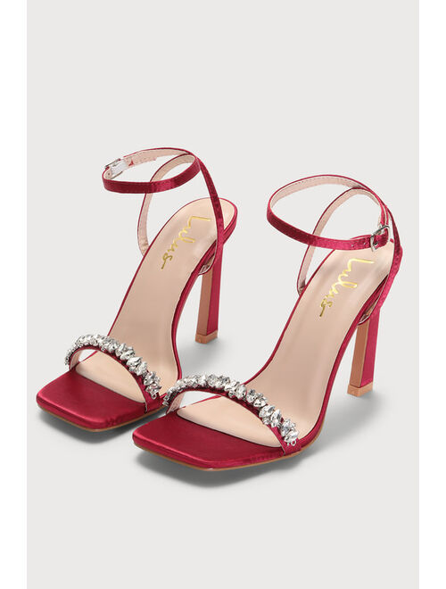 Lulus Goldiena Wine Red Satin Rhinestone Ankle Strap Heels