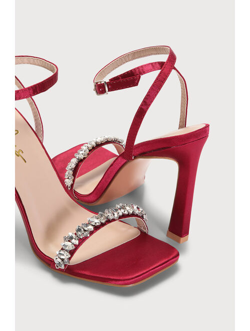 Lulus Goldiena Wine Red Satin Rhinestone Ankle Strap Heels