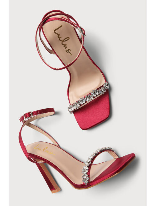 Lulus Goldiena Wine Red Satin Rhinestone Ankle Strap Heels