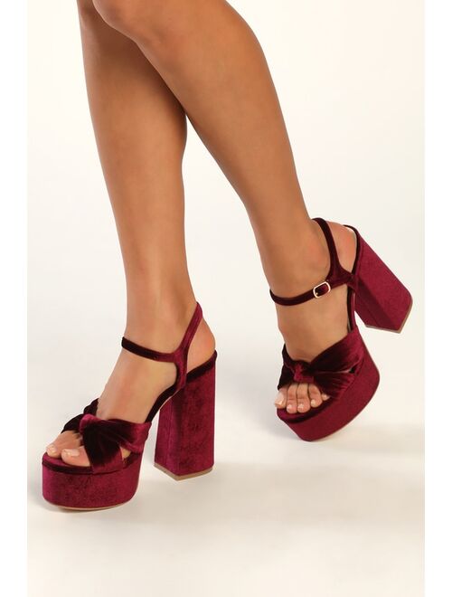 Lulus Falura Wine Red Velvet Knotted Platform High Heel Sandals