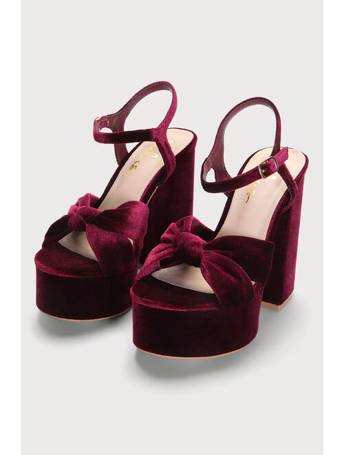 Lulus Falura Wine Red Velvet Knotted Platform High Heel Sandals