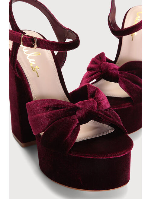 Lulus Falura Wine Red Velvet Knotted Platform High Heel Sandals