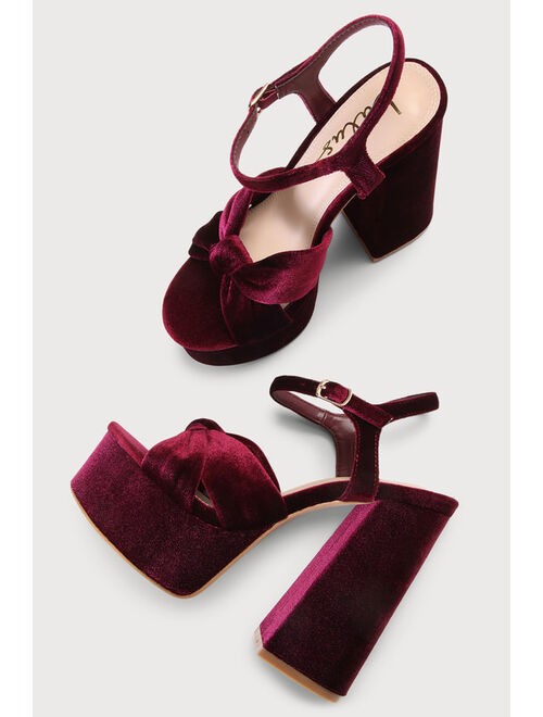 Lulus Falura Wine Red Velvet Knotted Platform High Heel Sandals