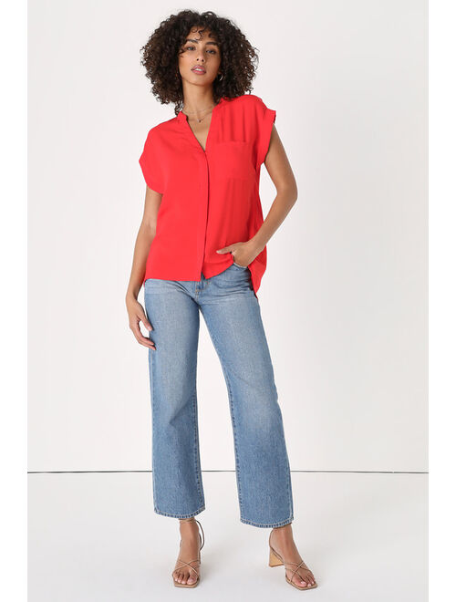 Lulus Easy Mood Red Orange Short Sleeve Button-Up Top