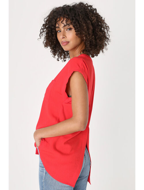 Lulus Easy Mood Red Orange Short Sleeve Button-Up Top