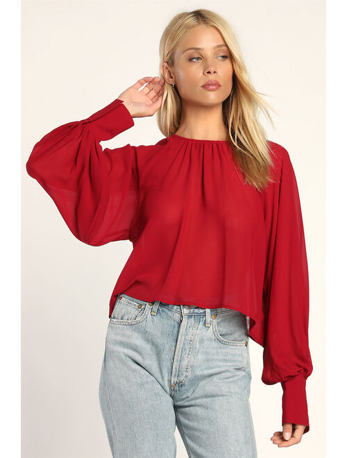 Lulus Sheer Elegance Red Sheer Long Sleeve Top