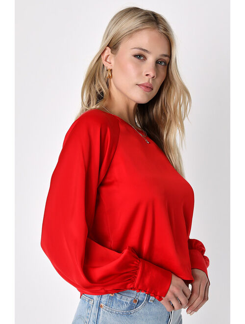 Lulus Daily Update Red Satin Keyhole Long Sleeve Top