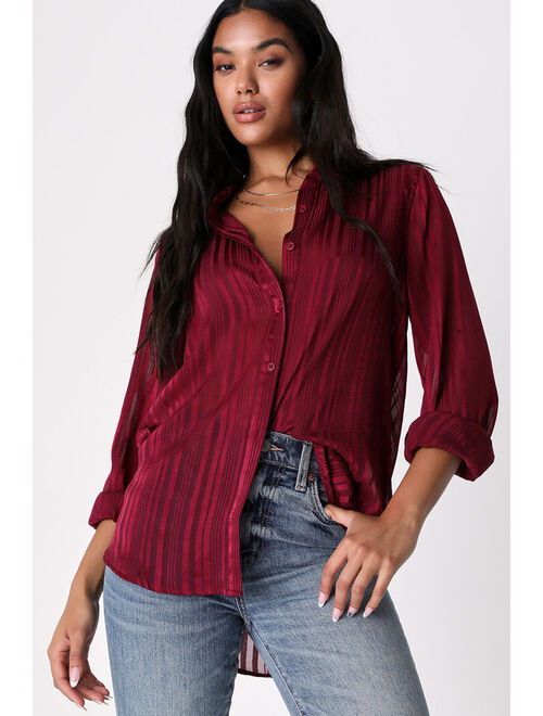 Lulus Modern Aura Burgundy Shadow Stripe Button-Up Top