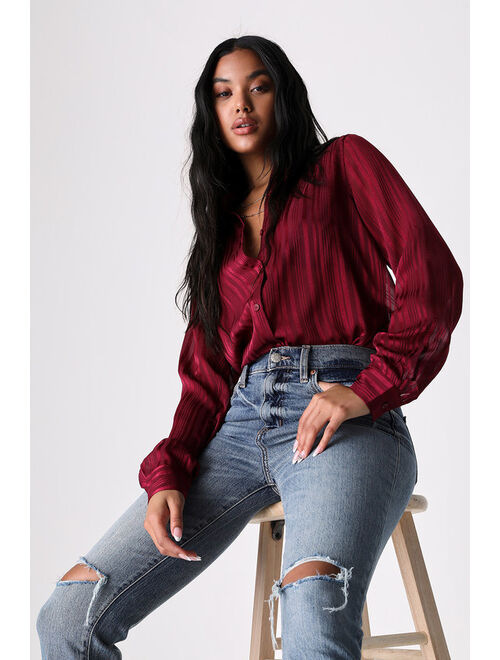 Lulus Modern Aura Burgundy Shadow Stripe Button-Up Top