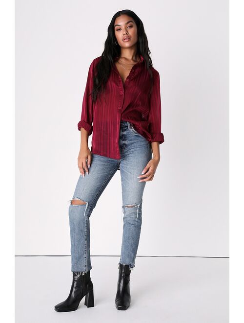 Lulus Modern Aura Burgundy Shadow Stripe Button-Up Top