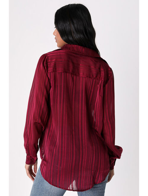 Lulus Modern Aura Burgundy Shadow Stripe Button-Up Top