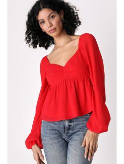 Always Looking Adorable Red Balloon Sleeve Babydoll Top