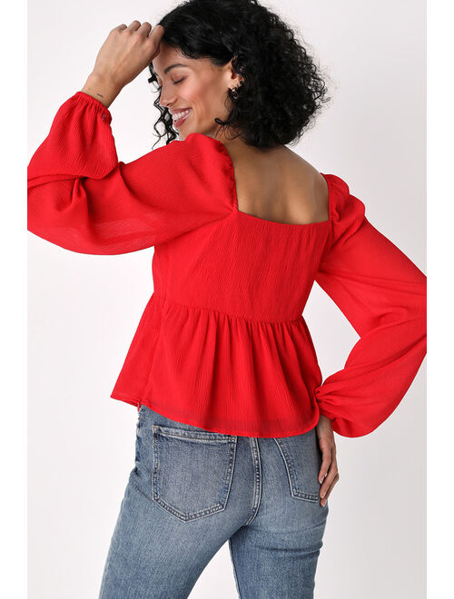 Lulus Always Looking Adorable Red Balloon Sleeve Babydoll Top