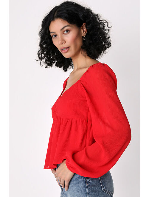 Lulus Always Looking Adorable Red Balloon Sleeve Babydoll Top