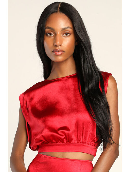 Lulus Glamorous Glances Red Satin Cap Sleeve Crop Top