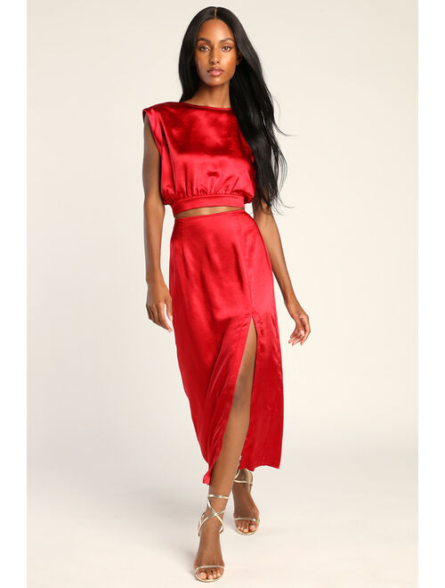 Lulus Glamorous Glances Red Satin Cap Sleeve Crop Top