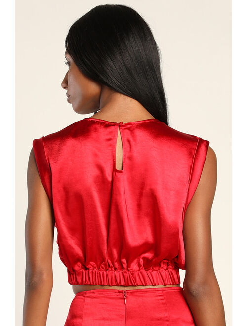 Lulus Glamorous Glances Red Satin Cap Sleeve Crop Top