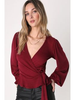 Everyday Fashionista Burgundy Knit Surplice Peplum Top